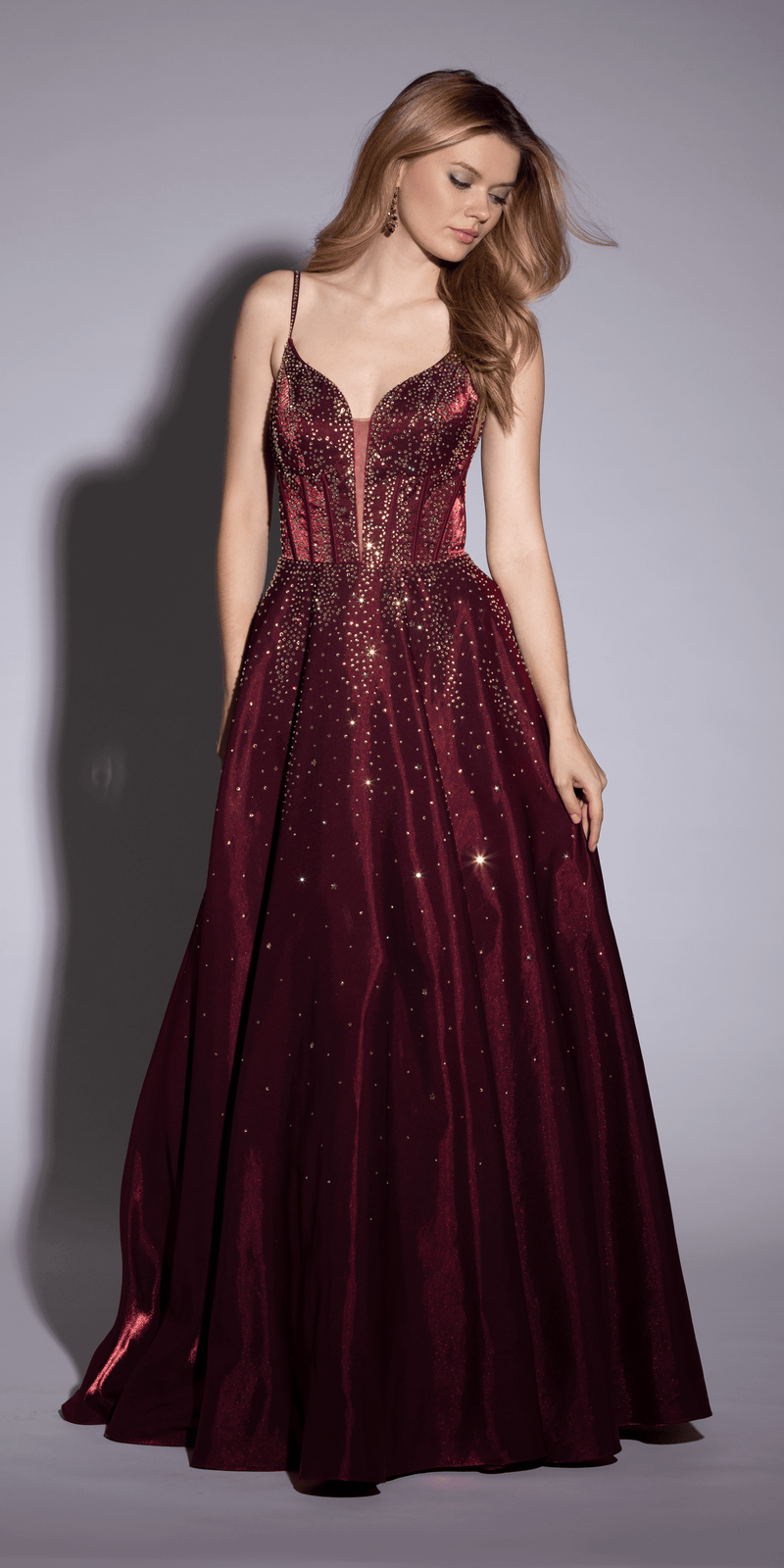 Satin Plunge Corset Ballgown with Heat Set Stones - Camille La Vie