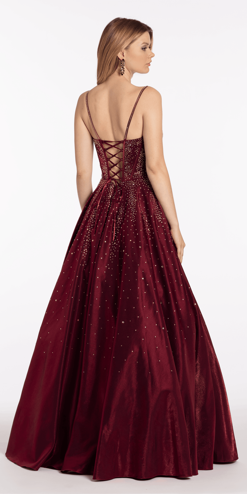 Satin Plunge Corset Ballgown with Heat Set Stones - Camille La Vie