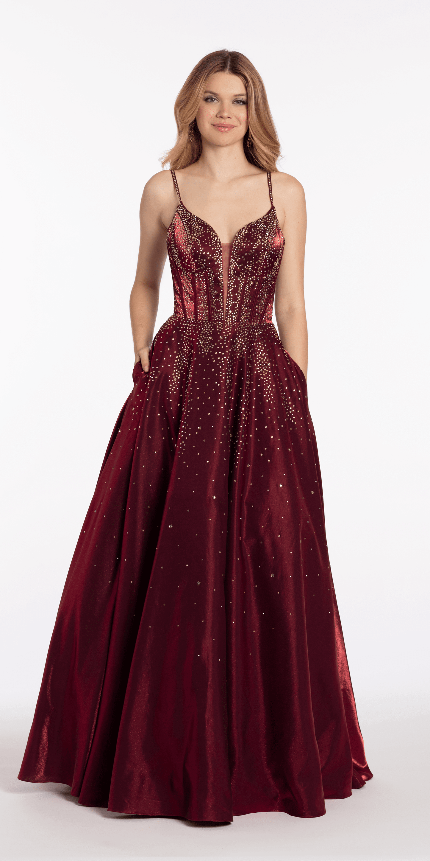 Satin Plunge Corset Ballgown with Heat Set Stones - Camille La Vie