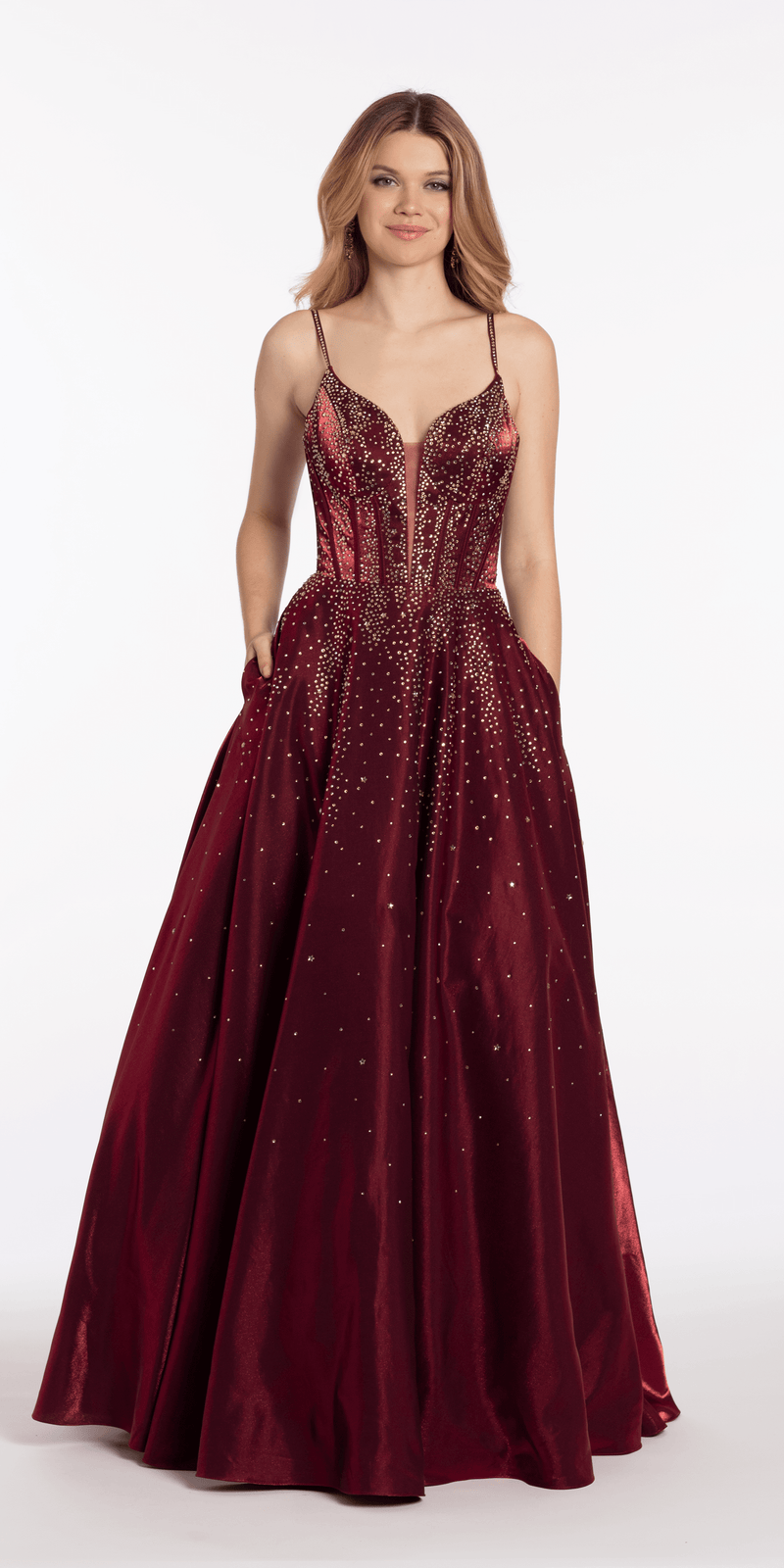 Satin Plunge Corset Ballgown with Heat Set Stones - Camille La Vie