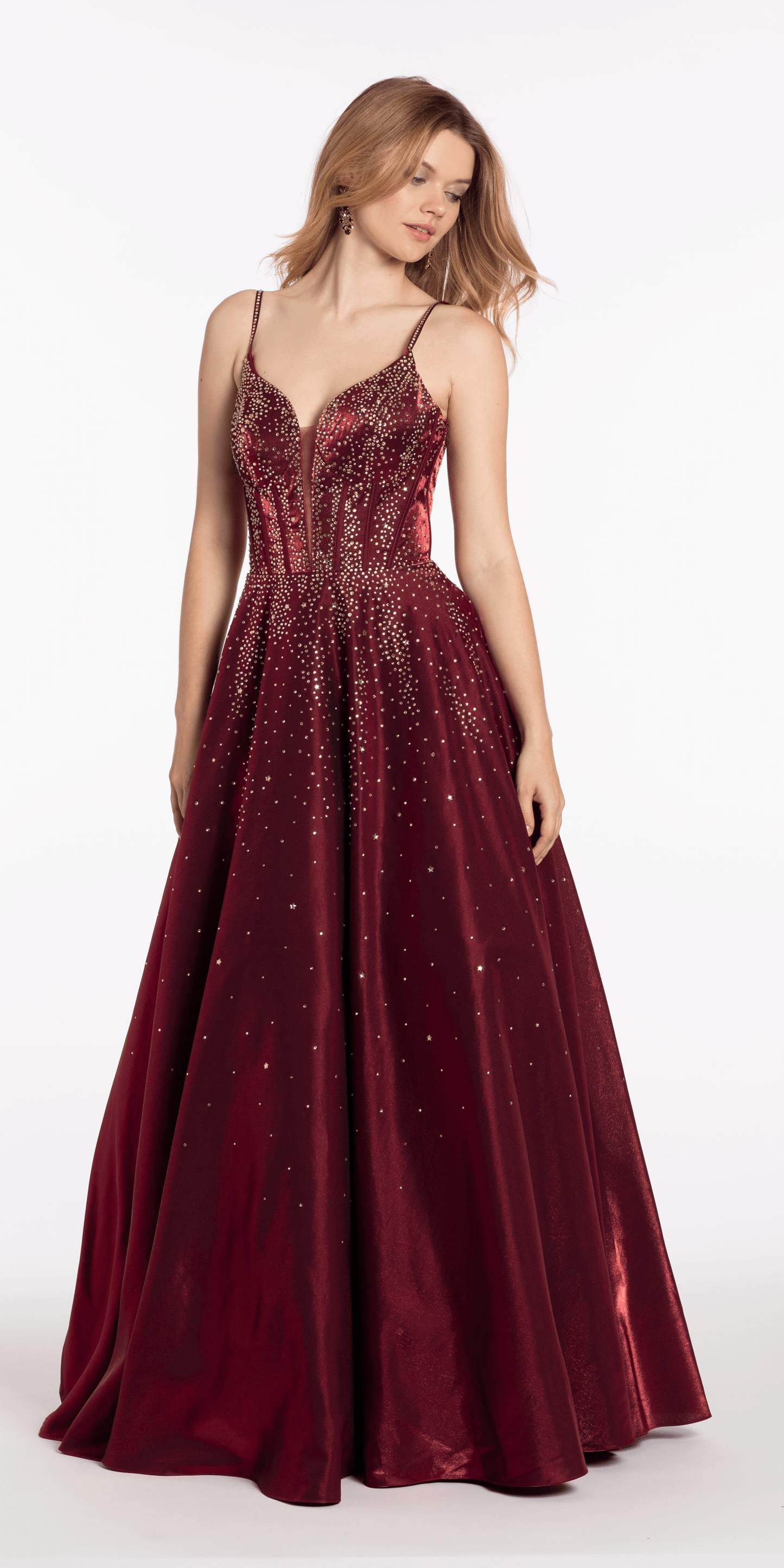 Satin Plunge Corset Ballgown with Heat Set Stones - Camille La Vie