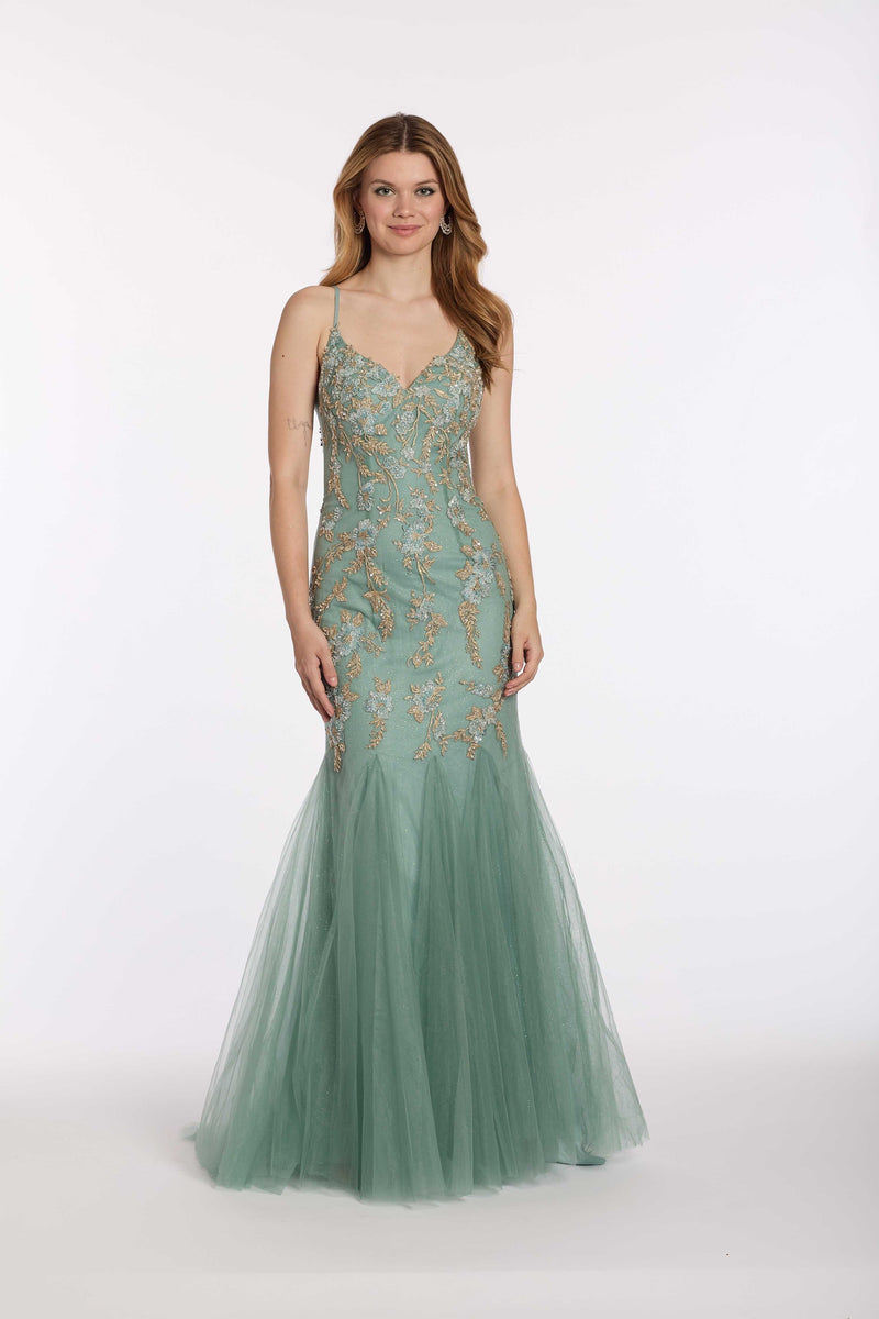 V Back Mesh Embroidered Mermaid Dress with Godets - Camille La Vie