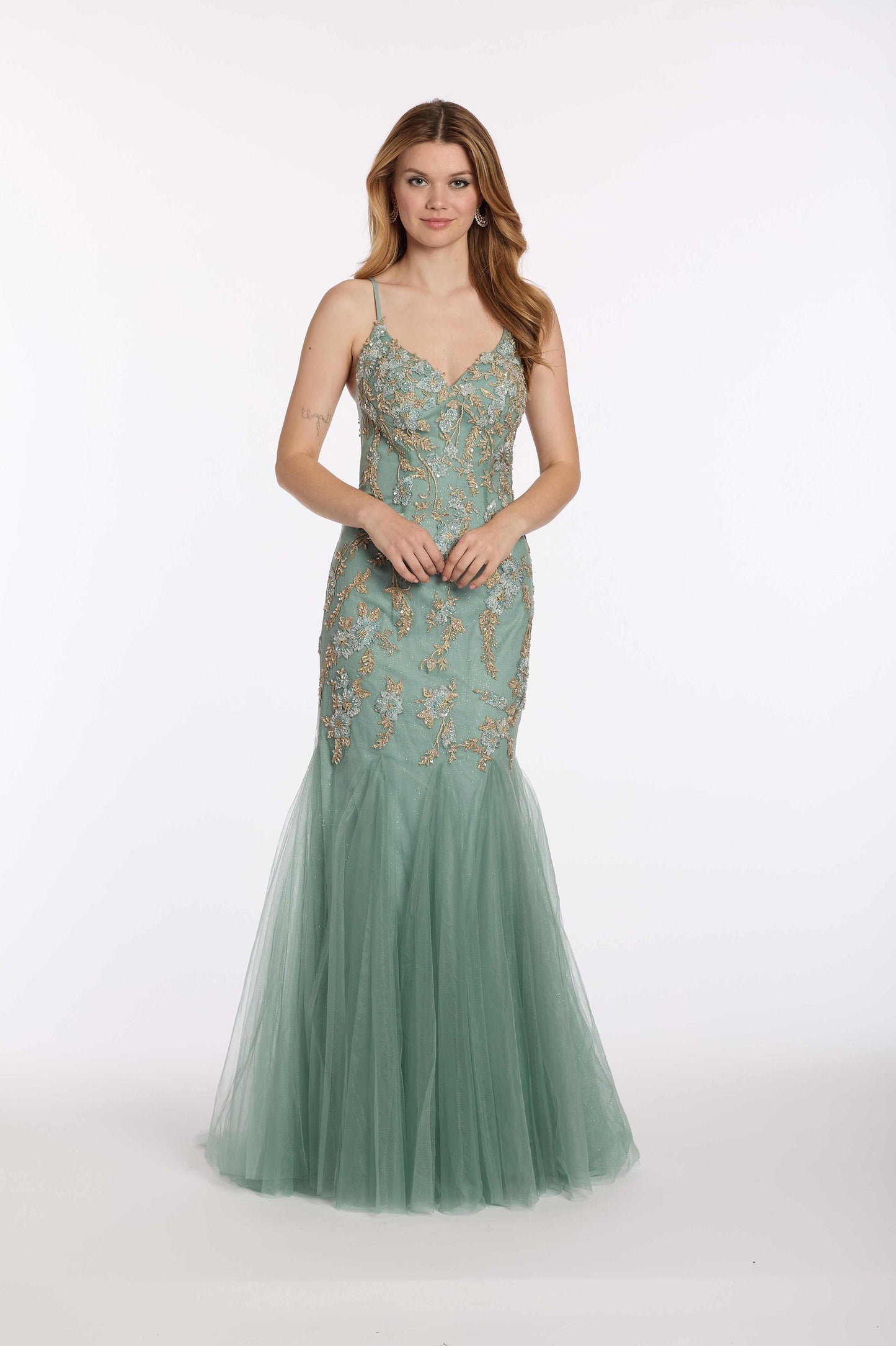 V Back Mesh Embroidered Mermaid Dress with Godets - Camille La Vie
