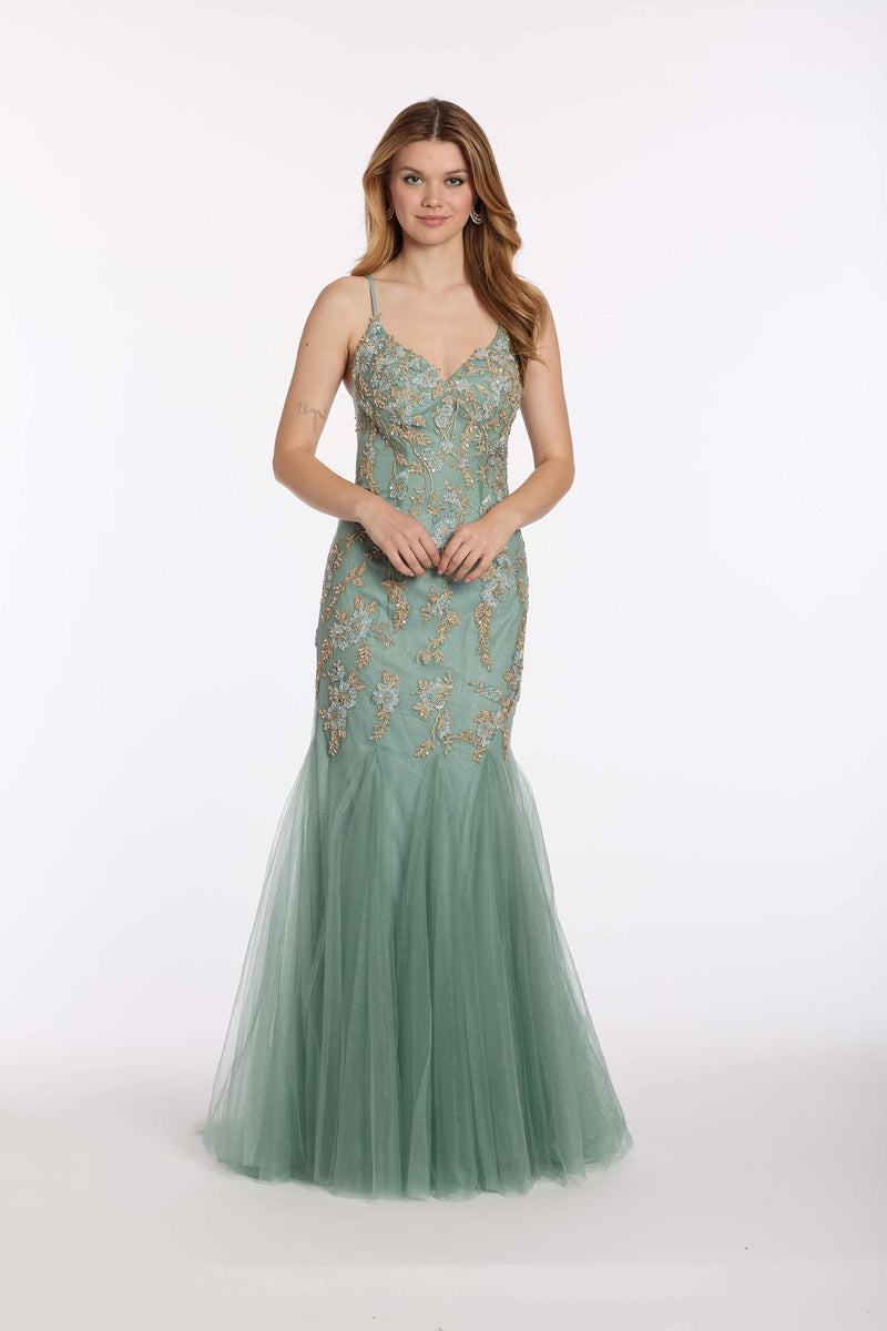 V Back Mesh Embroidered Mermaid Dress with Godets - Camille La Vie
