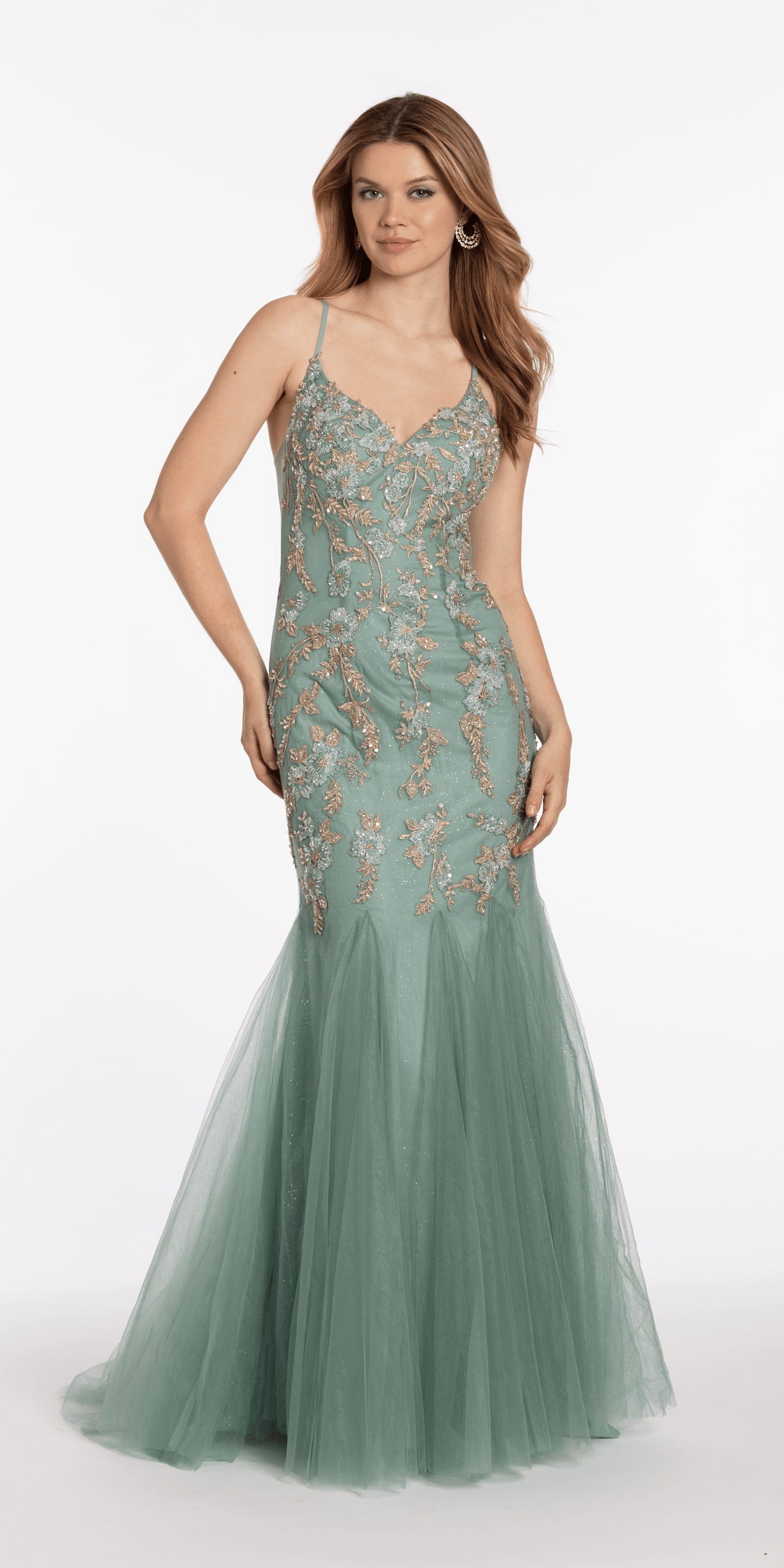 V Back Mesh Embroidered Mermaid Dress with Godets - Camille La Vie
