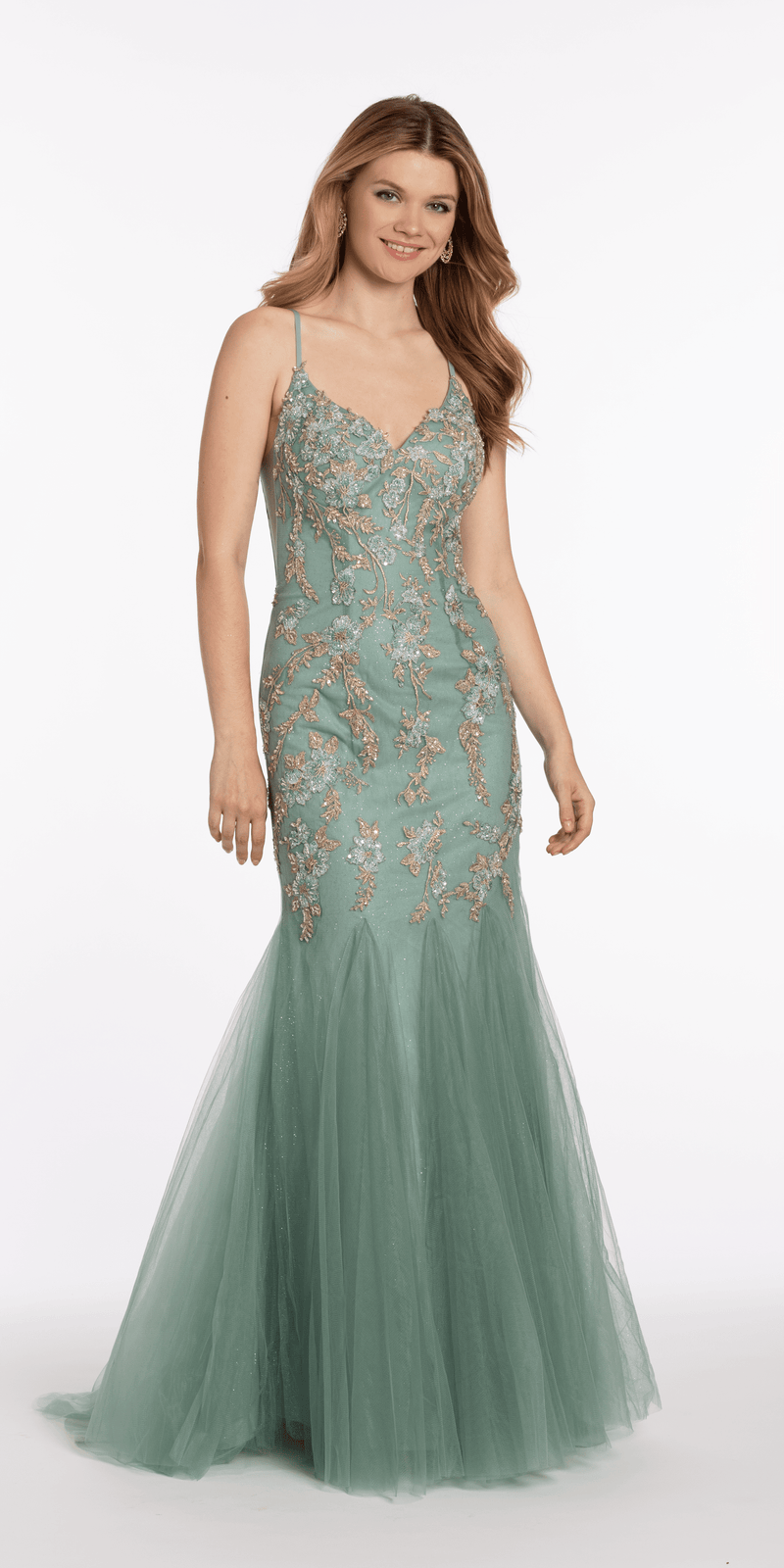V Back Mesh Embroidered Mermaid Dress with Godets - Camille La Vie