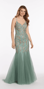 V Back Mesh Embroidered Mermaid Dress with Godets - Camille La Vie