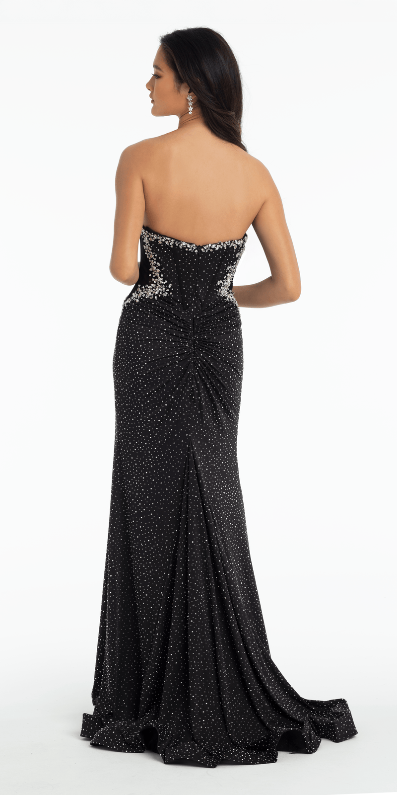 Sparking Strapless Jersey Corset Plunge Trumpet Dress with Rhinestone Details - Camille La Vie