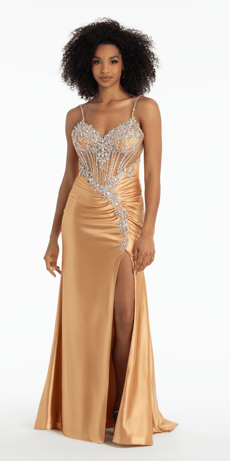 Spandex Satin Sweetheart Corset Trumpet Dress with Rhinestone Detail - Camille La Vie