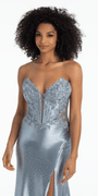 Strapless Embroidered Plunge Corset Trumpet Dress with Heat Set Stones - Camille La Vie