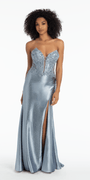 Strapless Embroidered Plunge Corset Trumpet Dress with Heat Set Stones - Camille La Vie