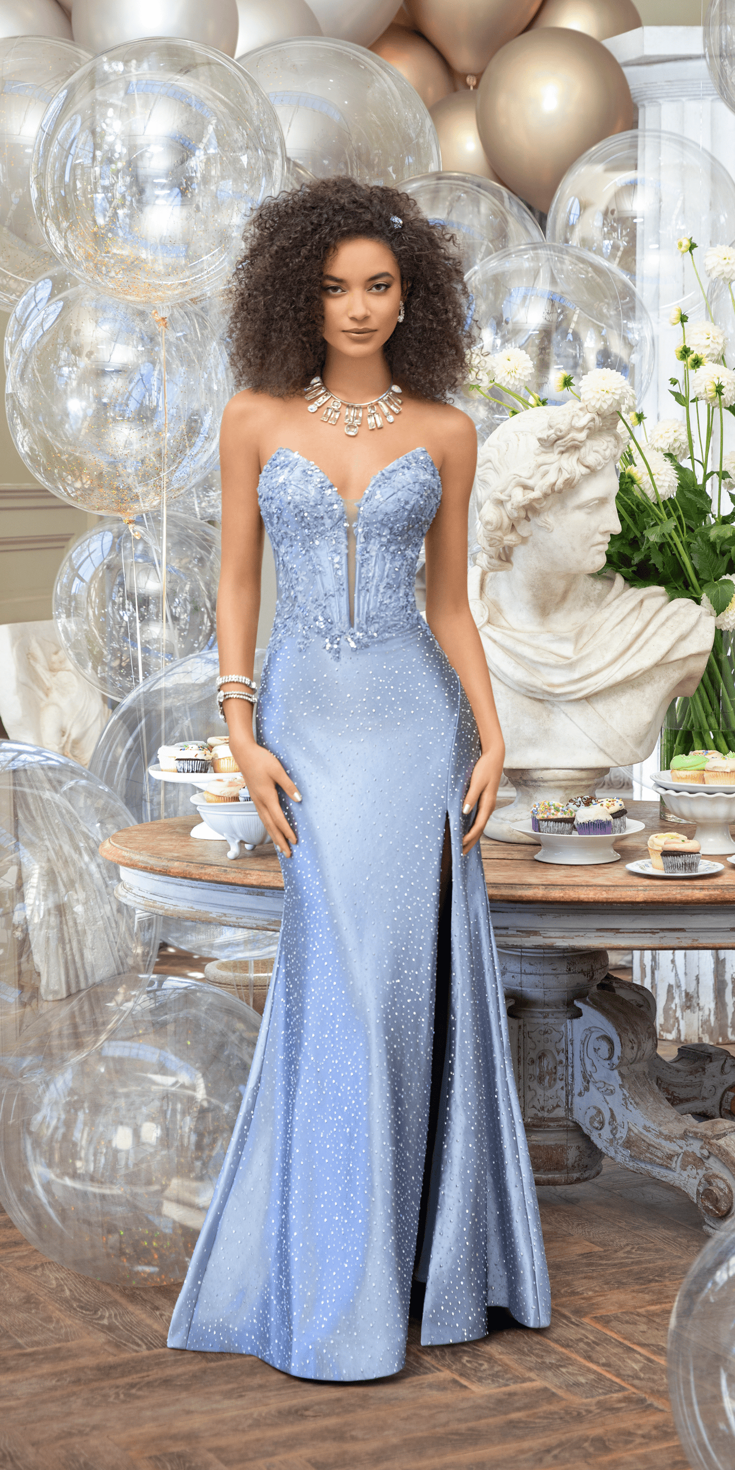 slate/size/4/missy/ Camille La Vie/Strapless Embroidered Plunge Corset Trumpet Dress with Heat Set Stones /front alt