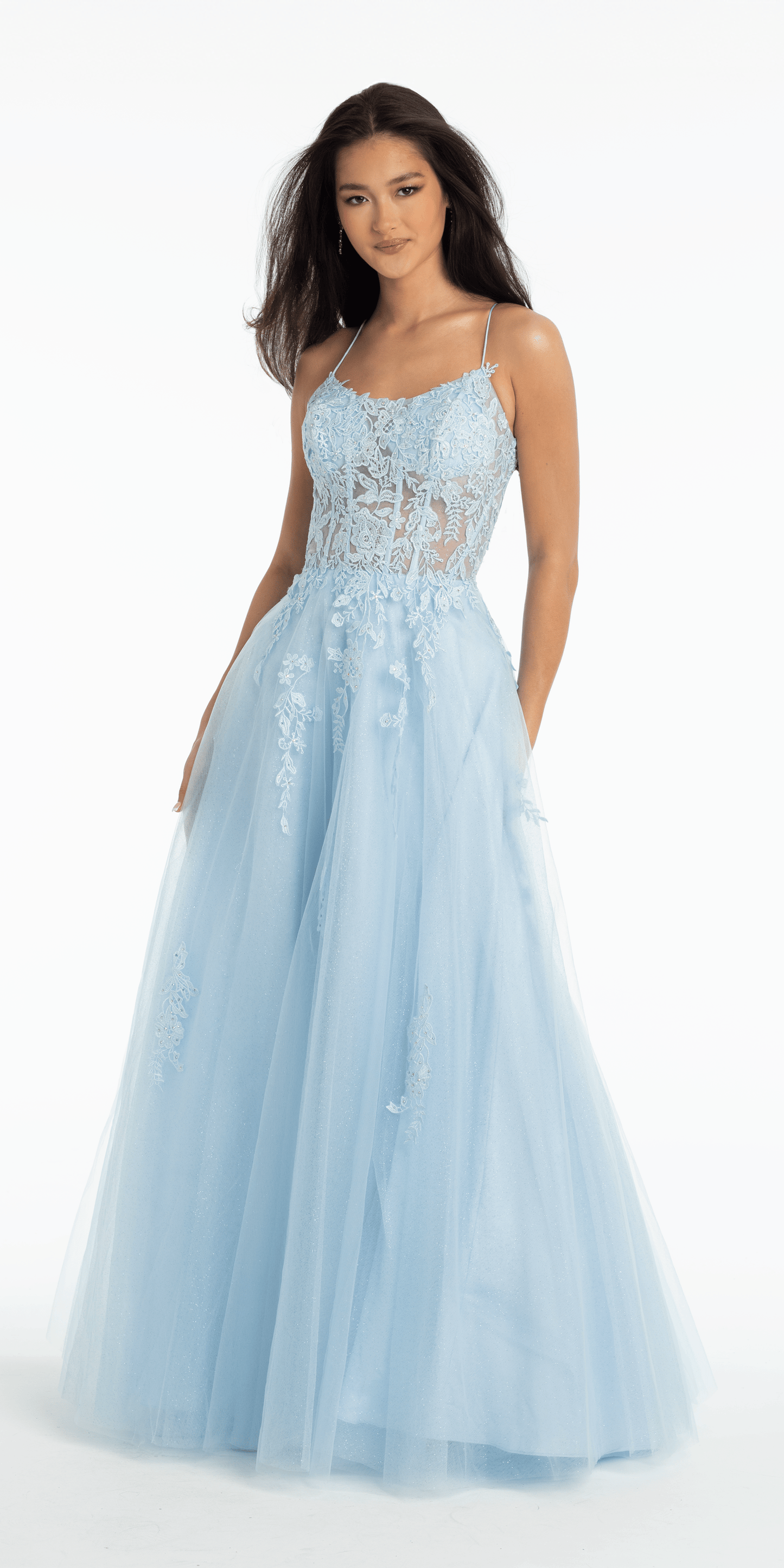 Scoop Neck Embroidered Glitter Tulle Corset Ballgown - Camille La Vie