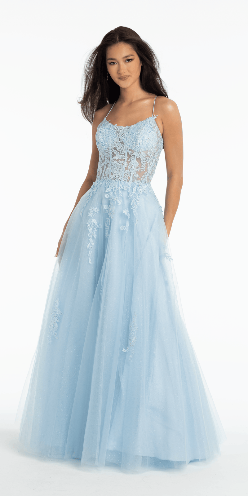 Scoop Neck Embroidered Glitter Tulle Corset Ballgown - Camille La Vie