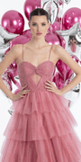 Pleated Peek-a-Boo-Sweetheart Tulle Tiered Ballgown with Heat Set Stones - Camille La Vie