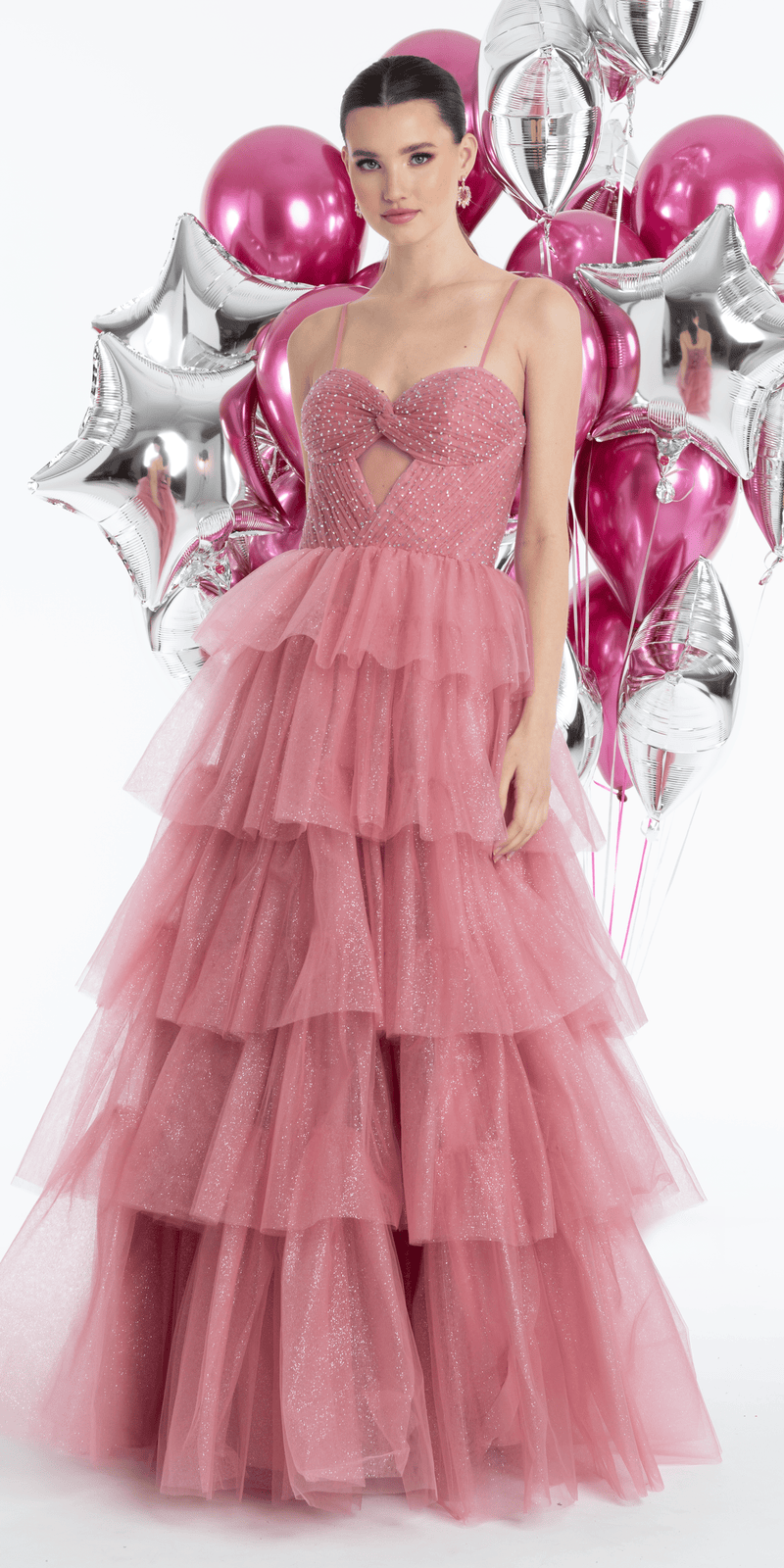 Pleated Peek-a-Boo-Sweetheart Tulle Tiered Ballgown with Heat Set Stones - Camille La Vie