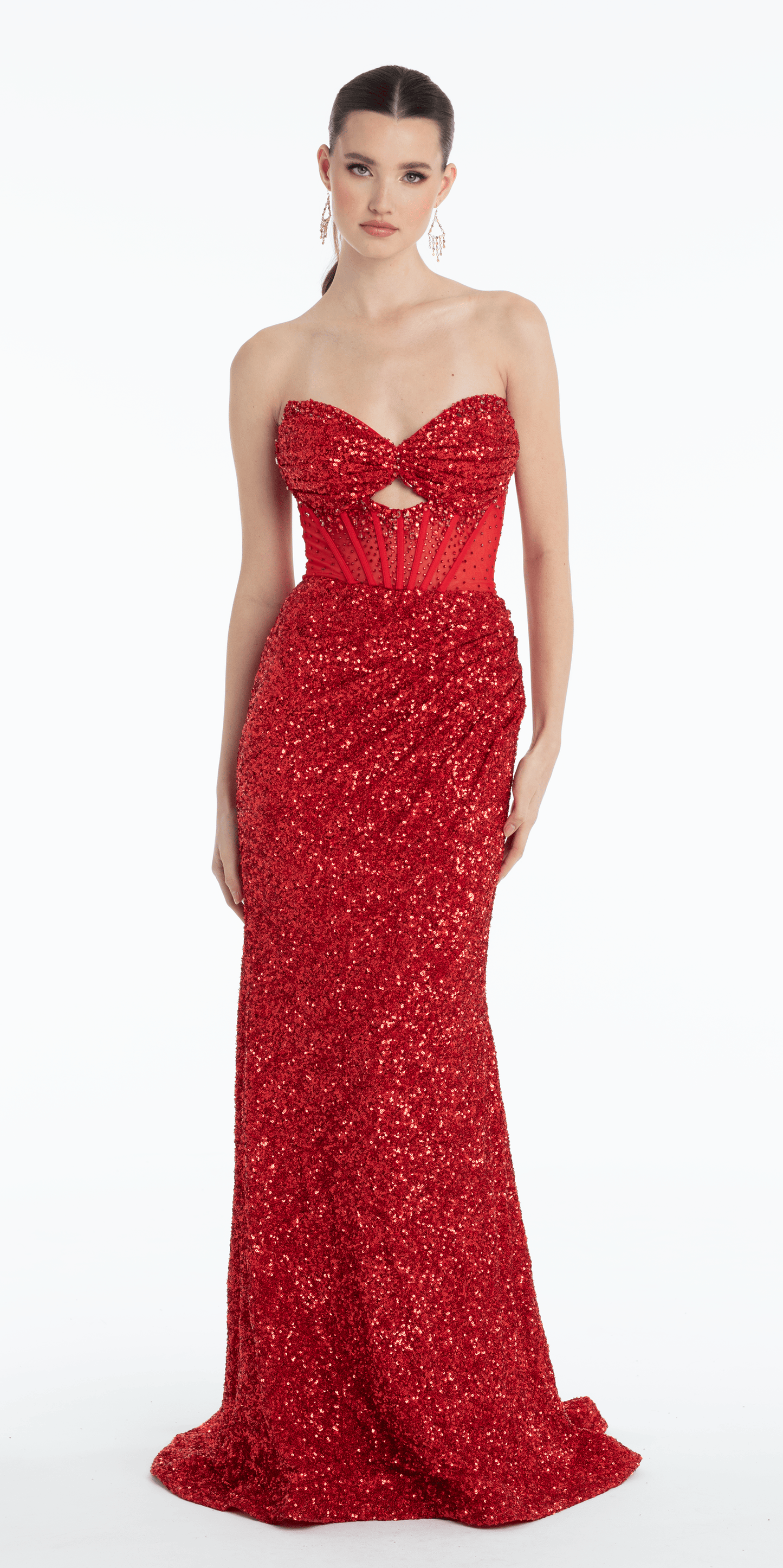 Strapless Sequin Peek-a-Boo Corset Trumpet Dress - Camille La Vie