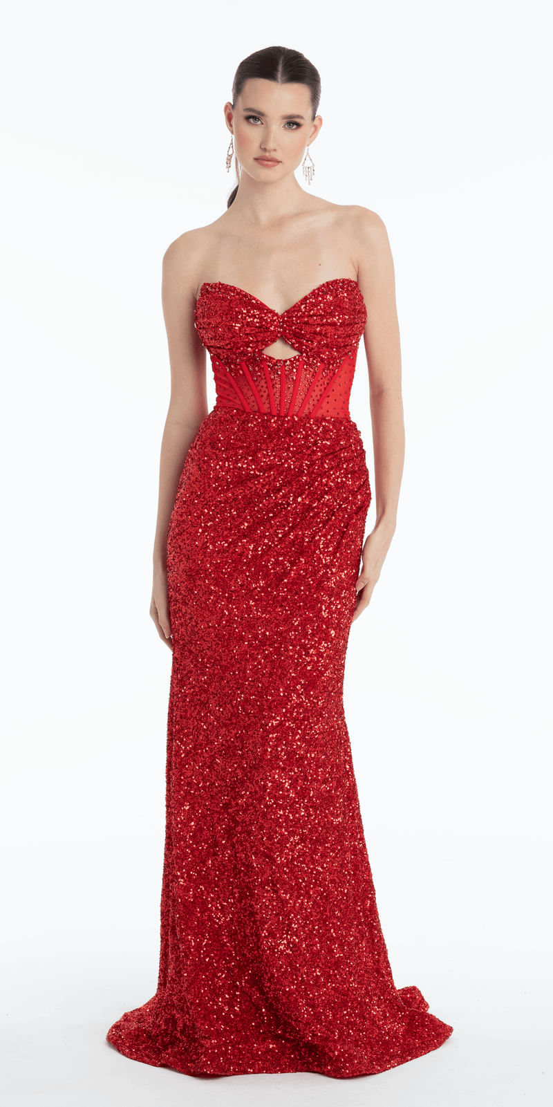 Strapless Sequin Peek-a-Boo Corset Trumpet Dress - Camille La Vie