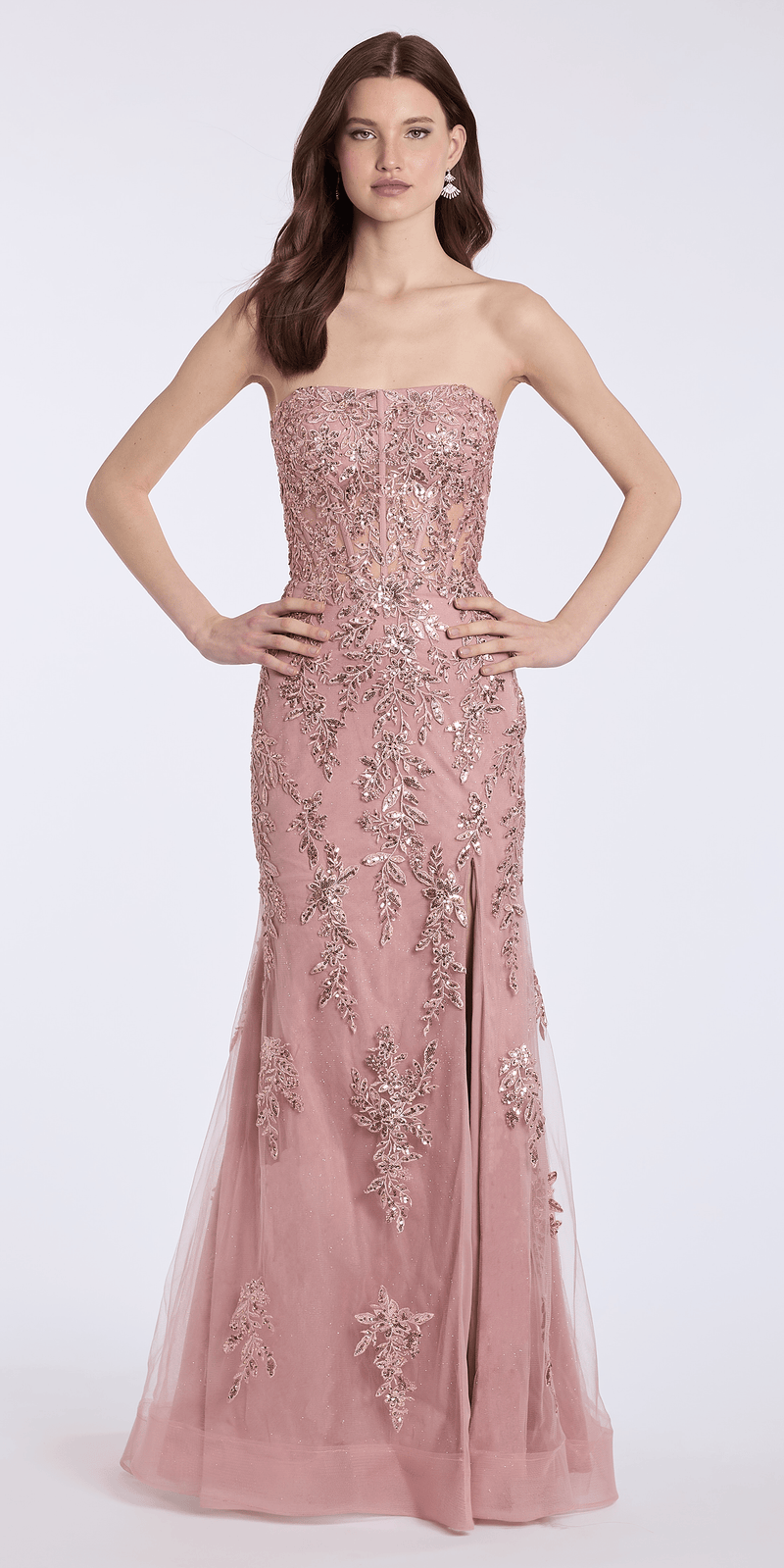 dusty-rose/size/4/missy/Camille La Vie Strapless Mesh Embroidered Sequin Corset Column Dress/front
