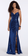 Camille La Vie Strappy Back Stretch Sequin Column Dress with Side Slit