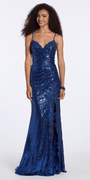 Camille La Vie Strappy Back Stretch Sequin Column Dress with Side Slit missy / 00 / blue