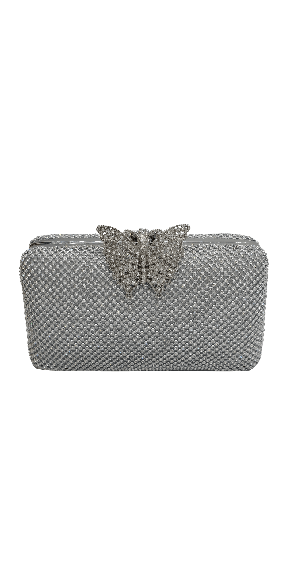 silver/no size/Camille La Vie/Mesh Rhinestone Handbag with Butterfly Top Clasp/front