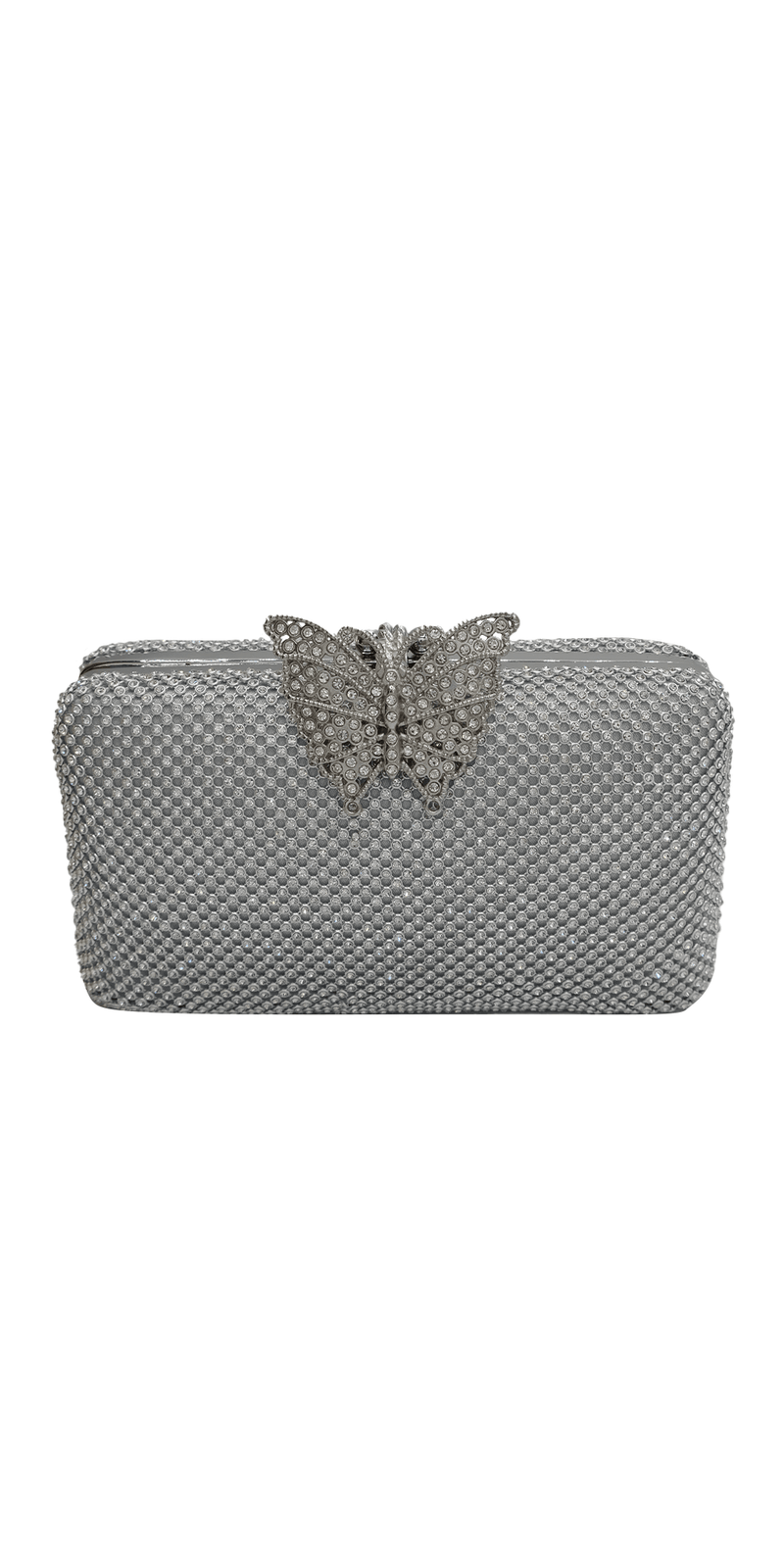 silver/no size/Camille La Vie/Mesh Rhinestone Handbag with Butterfly Top Clasp/front