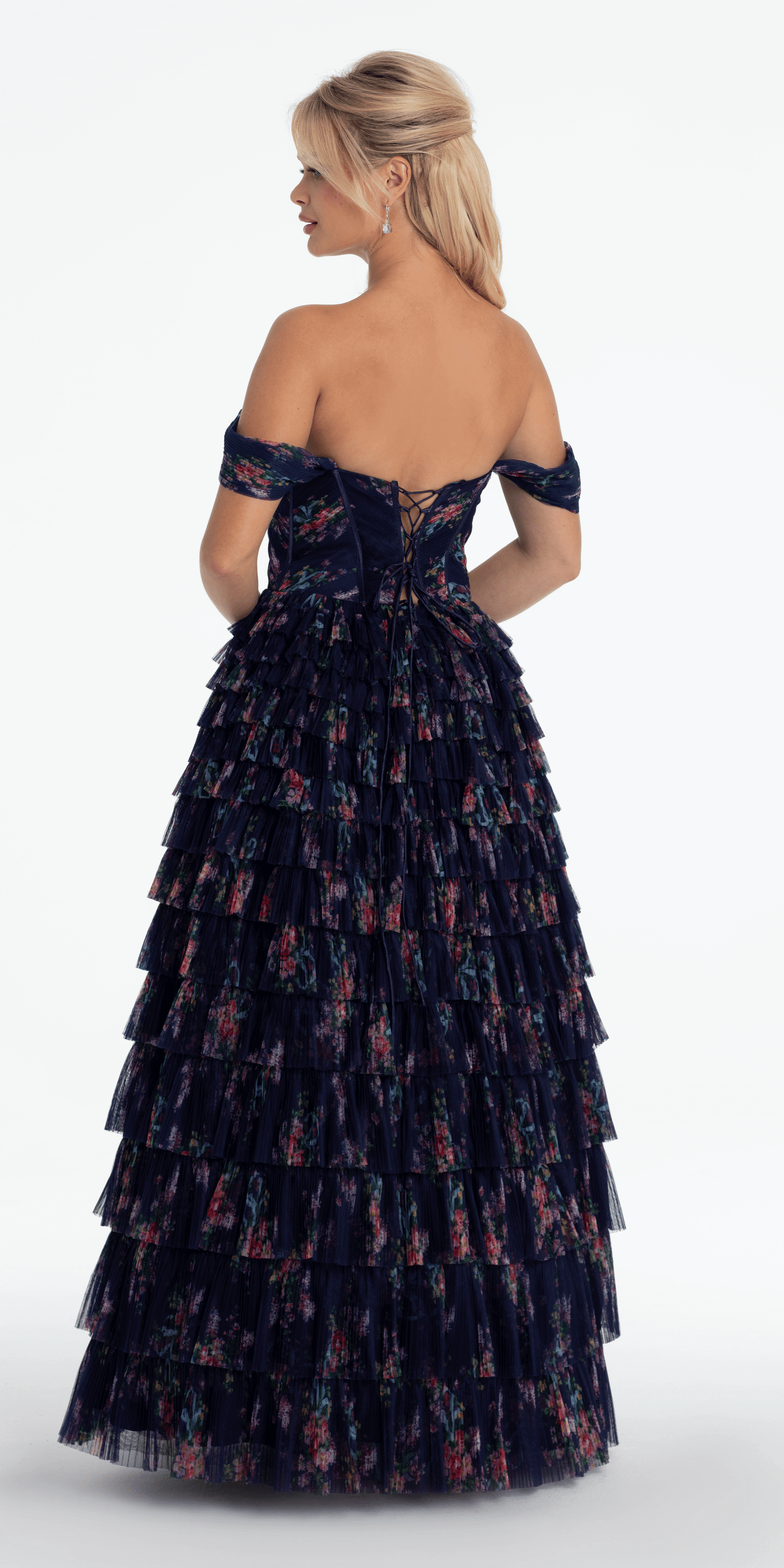 Print Mesh Off the Shoulder Tiered Corset Ballgown - Camille La Vie