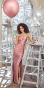 rose/size/4/missy/ Camille La Vie/Satin Plunge Trumpet Dress with Side Ruching and Heat Set Stones/front 2