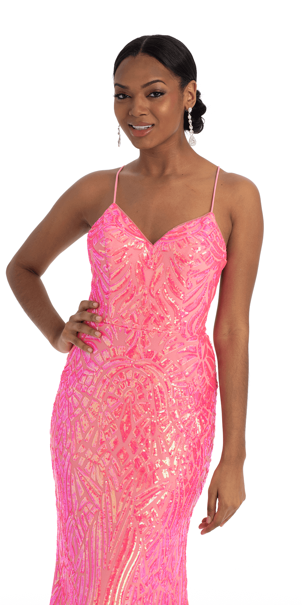 Abstract Sequin Lace Up Back Trumpet Dress - Camille La Vie