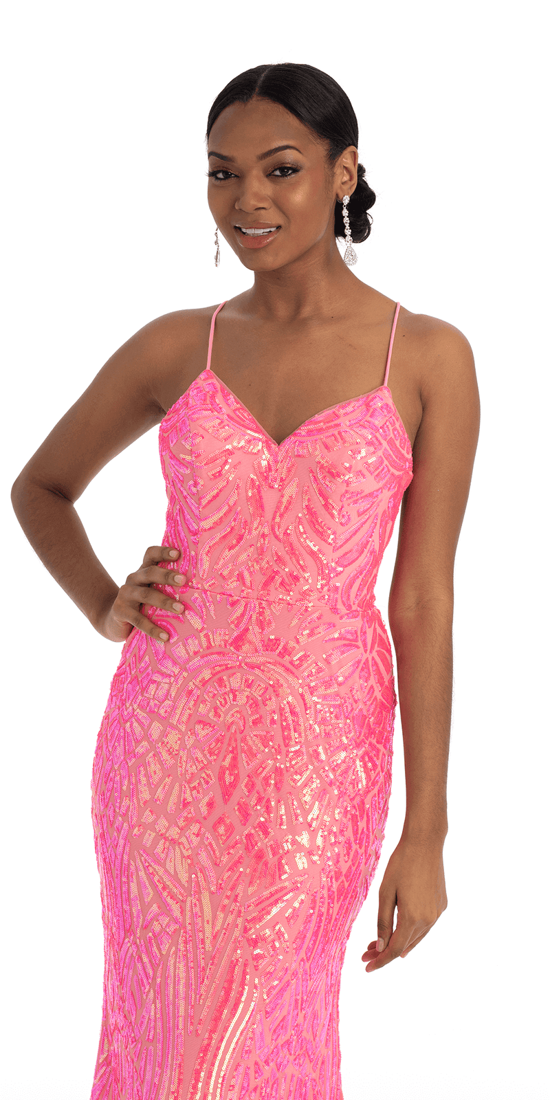 Abstract Sequin Lace Up Back Trumpet Dress - Camille La Vie