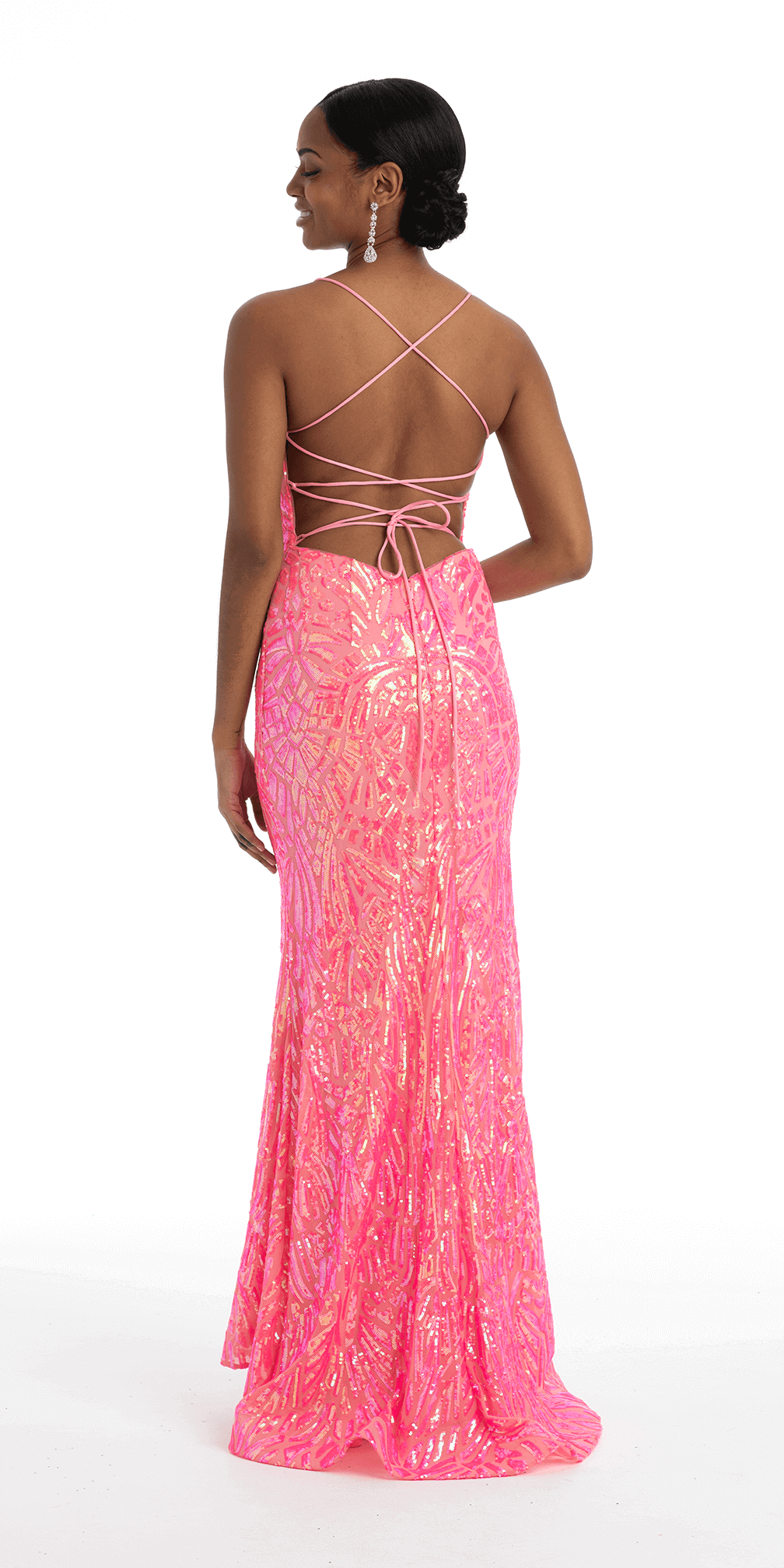 Abstract Sequin Lace Up Back Trumpet Dress - Camille La Vie