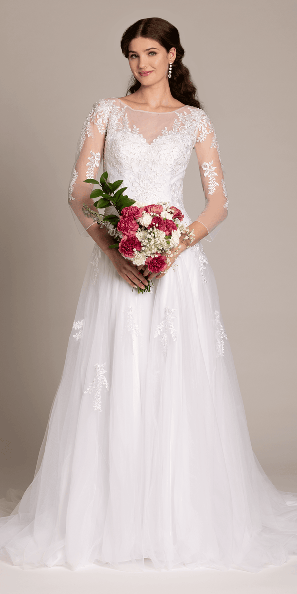 white/size/4/missy/Camille La Vie/Beaded Embroidered Tulle Sweetheart A Line Dress /front