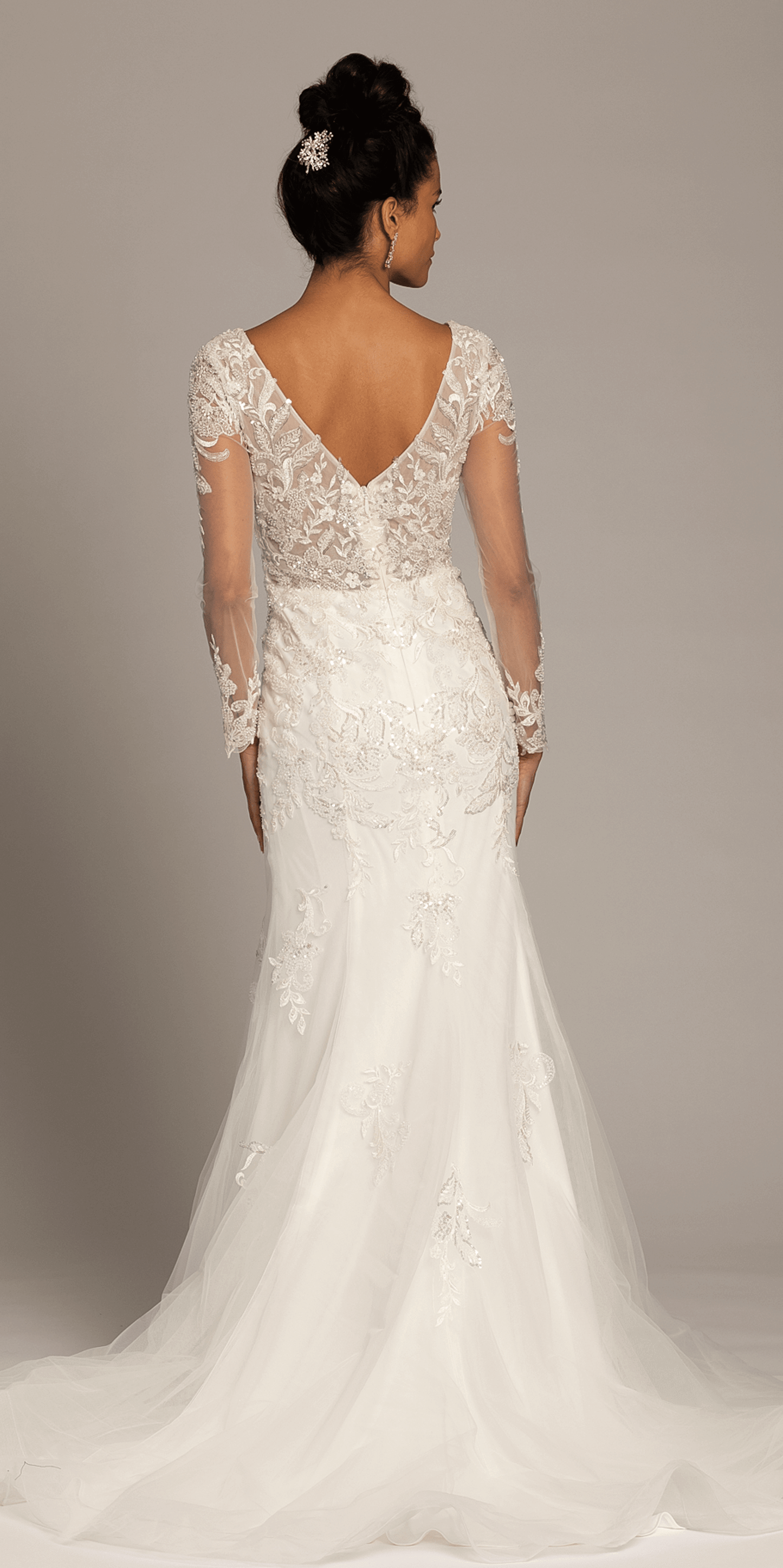 ivory/size/4/missy/Camille La Vie/Floral Embroidered Plunging Long Sleeve Tulle Trumpet Dress /back