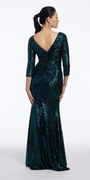 Sequin V Back 3/4 Sleeve Column Dress with Ruching - Camille La Vie
