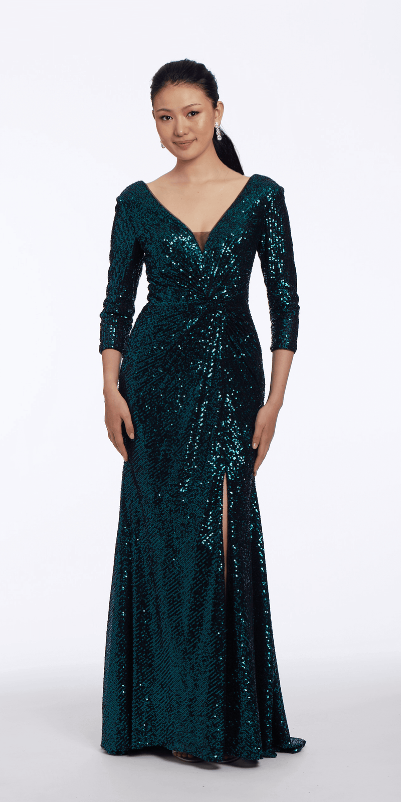 Sequin V Back 3/4 Sleeve Column Dress with Ruching - Camille La Vie