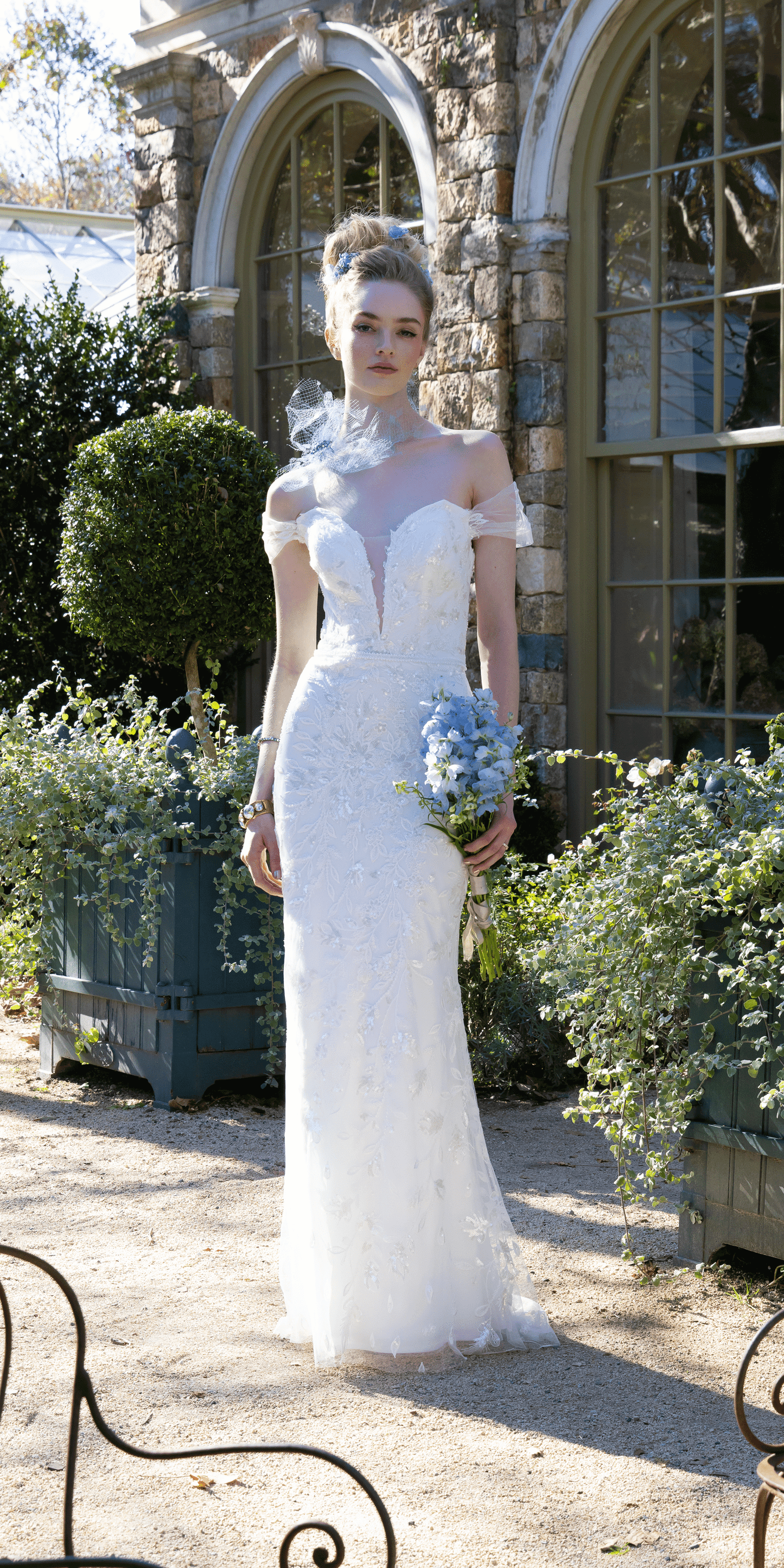 Off the Shoulder Tulle Plunging Beaded Trumpet Dress - Camille La Vie