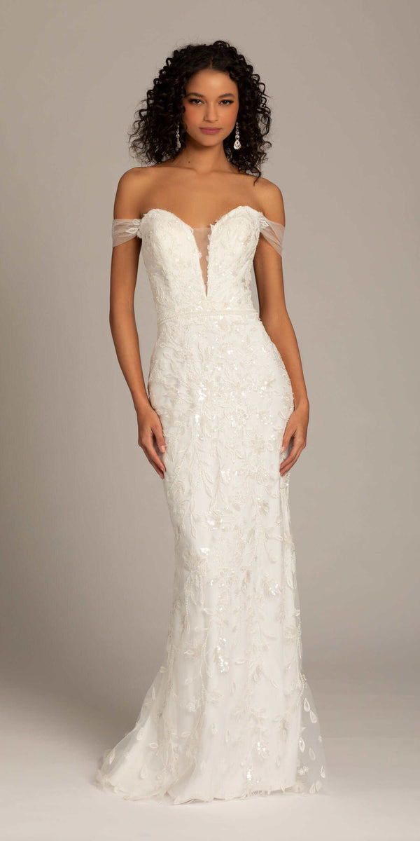 Off the Shoulder Tulle Plunging Beaded Trumpet Dress - Camille La Vie