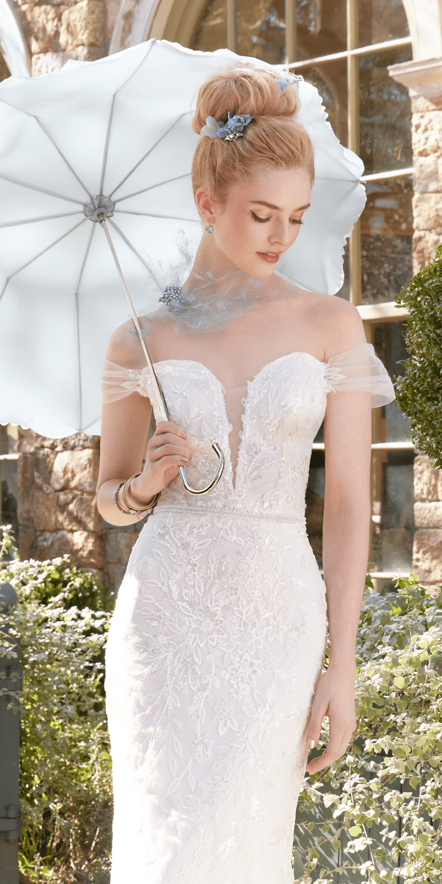 Off the Shoulder Tulle Plunging Beaded Trumpet Dress - Camille La Vie