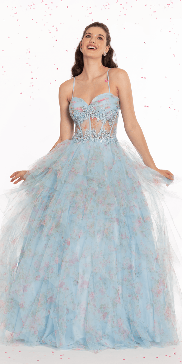 Print Sweetheart Corset Lace Up Back Ballgown - Camille La Vie