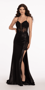 Plunging Embellished Corset Glitter Column Dress - Camille La Vie