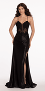 Plunging Embellished Corset Glitter Column Dress - Camille La Vie