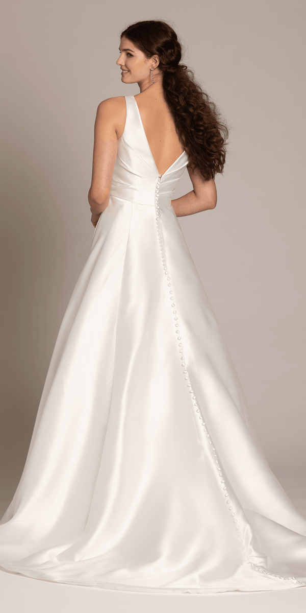 white/size/4/missy/Camille La Vie/Deep V Neck Mikado A Line Dress with Pockets/back