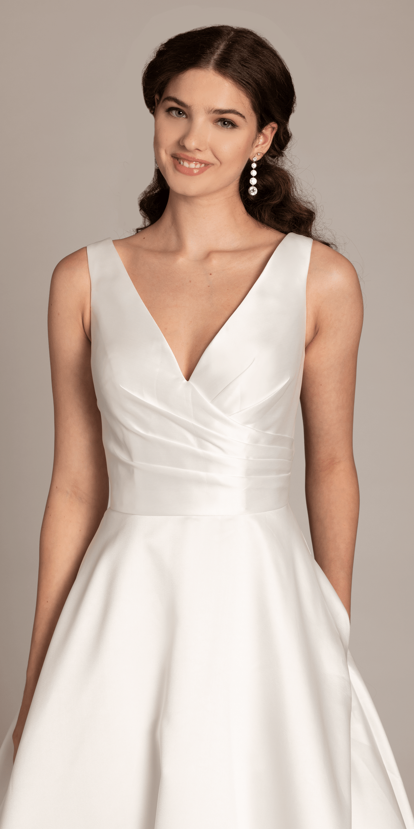 white/size/4/missy/Camille La Vie/Deep V Neck Mikado A Line Dress with Pockets/close up
