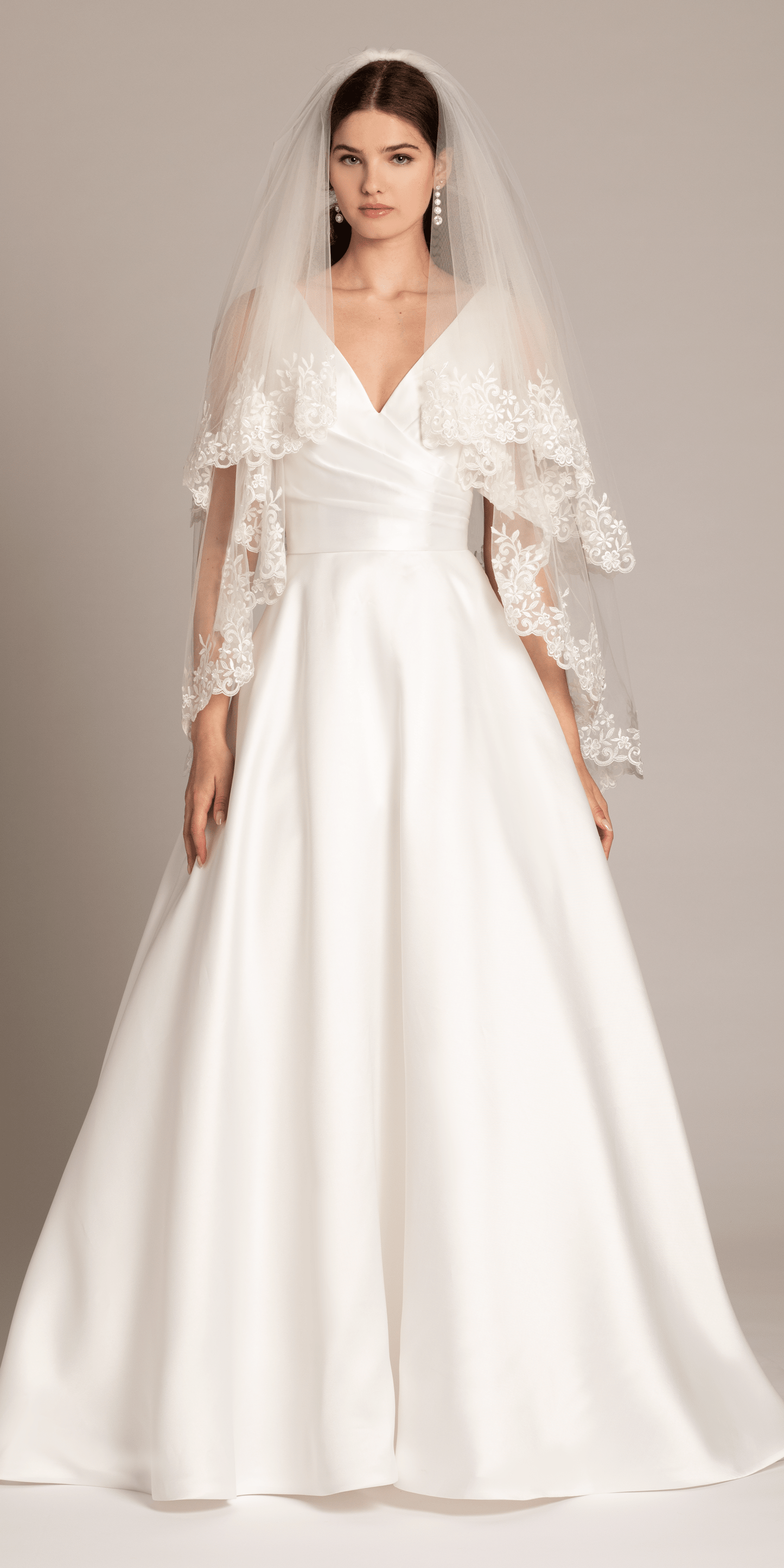 2 Tier Mesh Fingertip Veil with Pearl Appliques - Camille La Vie