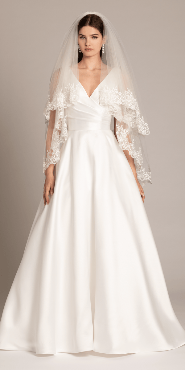 2 Tier Mesh Fingertip Veil with Pearl Appliques - Camille La Vie