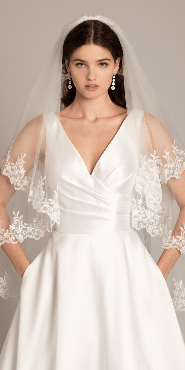 white/size/4/missy/Camille La Vie/Deep V Neck Mikado A Line Dress with Pockets/close up