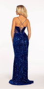 royal-blue/size/4/missy/Camille La Vie/Velvet Sequin Plunge Trumpet Dress with Illusion Side Panels/back