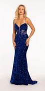 royal-blue/size/4/missy/Camille La Vie/Velvet Sequin Plunge Trumpet Dress with Illusion Side Panels/front alt 2 