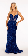 royal-blue/size/4/missy/Camille La Vie/Velvet Sequin Plunge Trumpet Dress with Illusion Side Panels /front
